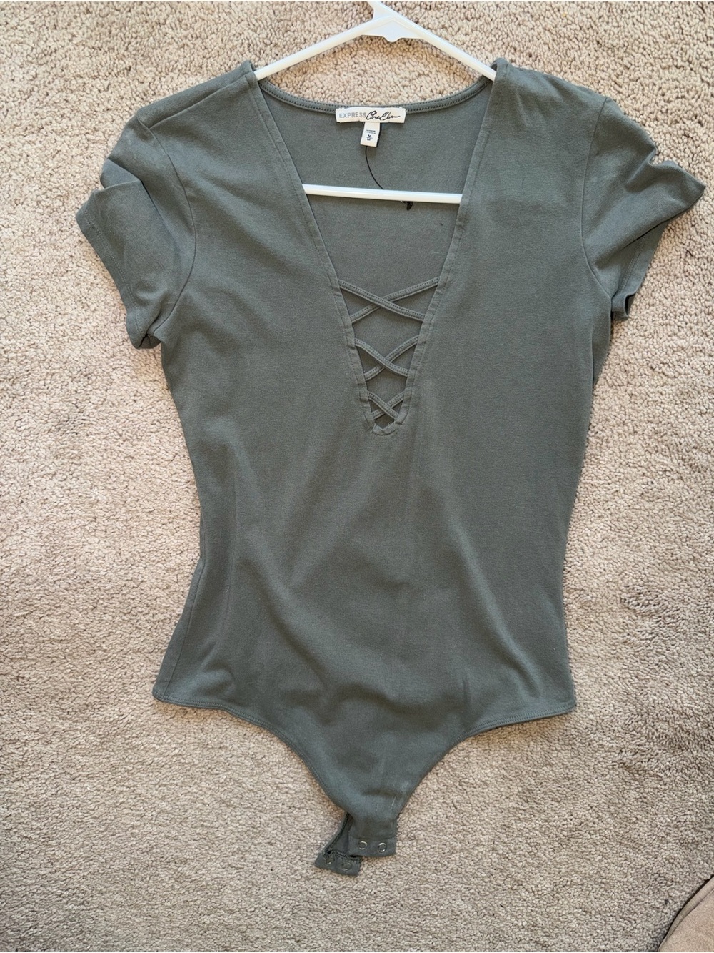 Express Olive Green Lace-Up V-Neck Short Sleeve Bodysuit